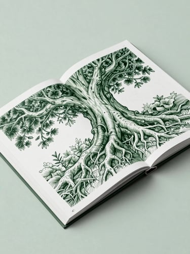 A wide-angle, high-detail photograph of an open artist portfolio on a pale mist green surface. The page shows a large, intricate ink illustration of a gnarled ancient tree root, drawn with meticulous fine lines in dark forest green.