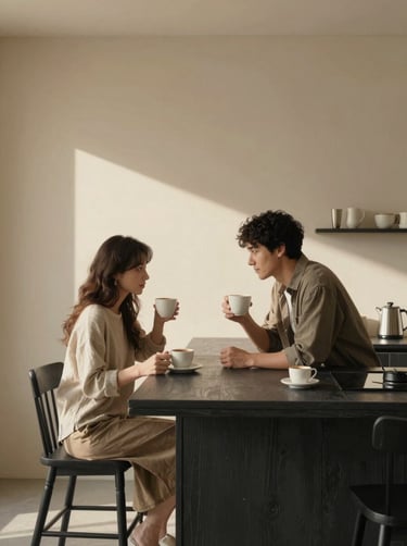 A serene indoor shot of a young couple sharing coffee in a sun-drenched kitchen. The aesthetic is minimal with soft sand walls and charcoal wooden furniture.