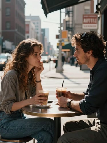 Urban lifestyle photography of a couple sharing coffee at an outdoor cafe in a US city, sun-drenched street, cinematic and candid.