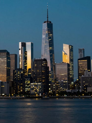 A sophisticated film-style photograph of a modern city skyline at dusk, with lights reflecting the dark blue #0A1128 and warm yellow #E2B941 tones, clean composition.