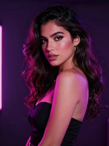 A high-fashion, seductive portrait of a gorgeous female model posing in a moody dark-mode studio. Electrifying neon pink and electric purple lights sculpt her features, giving a sophisticated and exclusive atmosphere, Latin American / Global style.