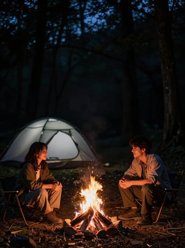 A warm lifestyle shot of two people sitting near a small campfire at night. The surrounding forest is a deep jet black, with the soft grey tent glowing slightly in the background. A cozy, storytelling vibe in a Global / Western campsite.