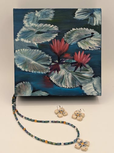  ceramic jewelry, dogwood jewelry, lily pond, magenta, painting of flowers, calm, trend