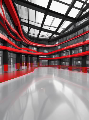 a red and black and white photo of a building