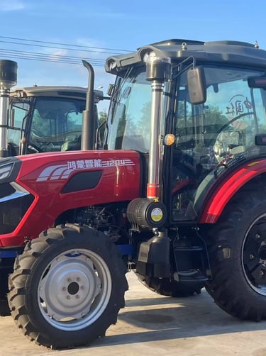 a red tractor with a large wheel on it