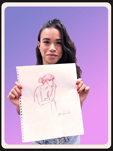 Portrait of me with side hair, holding a drawing of a woman's side profile in red color pencil.