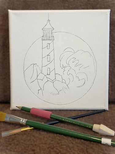 Sketch of a lighthouse in a circle with waves.