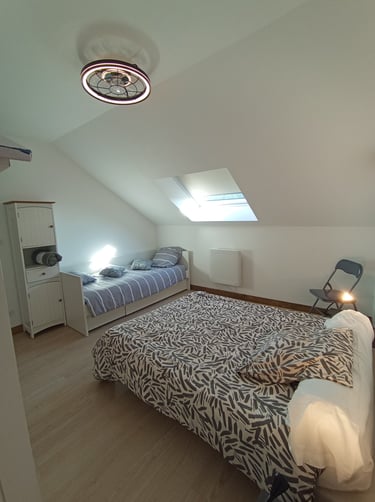 Chambre avec  un grand lit et un lit d'une personne