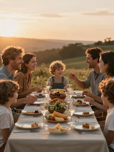Cinematic shot of a family sharing a meal outdoors at sunset, warm #FDF8F0 lighting, laughter, candid interactions, earthy tones.