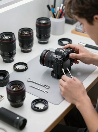 A professional camera repair station in a North American workshop, bright even lighting, various tools and dismantled lens parts on a light silver mat.