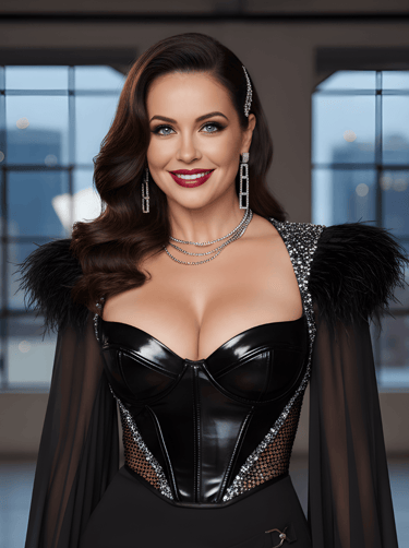 a beautiful woman in a black dress. She is happy and smiling. Fashion model