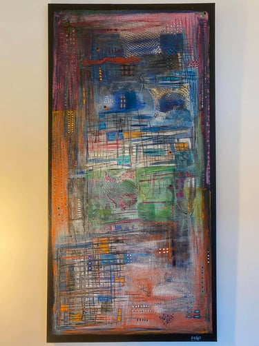 Toile acrylique et mixed média bleu rose orange