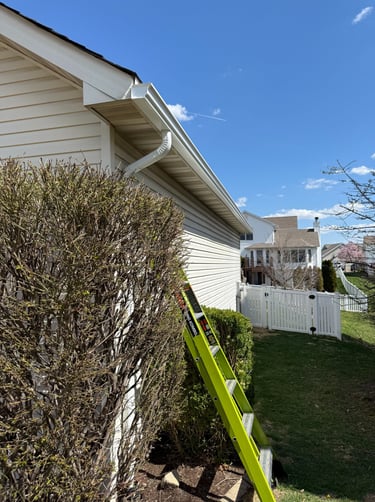 fiberglass ladder used to reach downspout