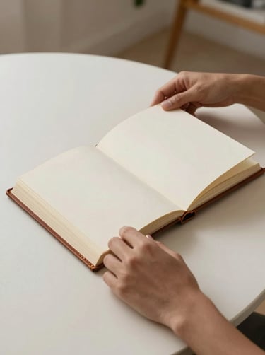 Hands turning the pages of a high-quality leather-bound photobook on a minimalist soft white table in a South American / Colombian home, soft natural light.