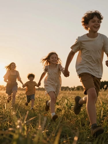 A cinematic, low-angle shot of a young family running through tall, sun-drenched grass at sunset. The lighting is warm and golden, highlighting authentic laughter. Natural tones of #F7F2EB and soft #C06C4C in the clothing and sky.