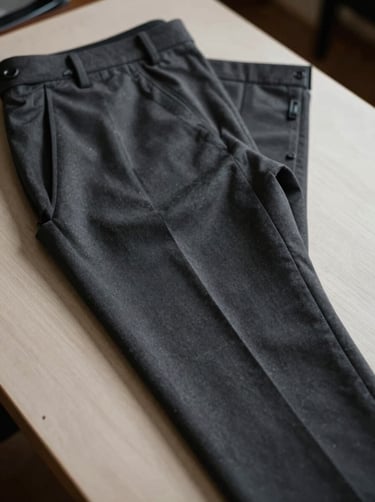 Elegant drape of dark charcoal dress trousers on a tailor's table, highlighting the clean crease line and side tab adjusters.