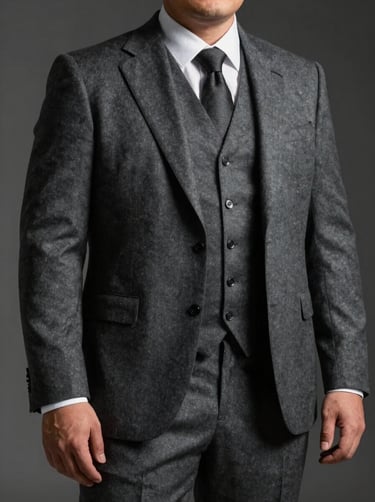 Impeccably tailored charcoal grey three-piece suit on a confident plus-size model, dramatic side lighting emphasizing premium wool texture