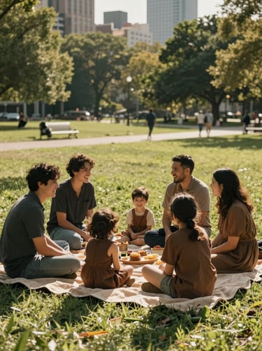 A cinematic, sun-drenched wide shot of a family picnic in a North American / US city park. People are wearing charcoal and brown tones, laughing naturally. Soft sand colored blankets on the grass.