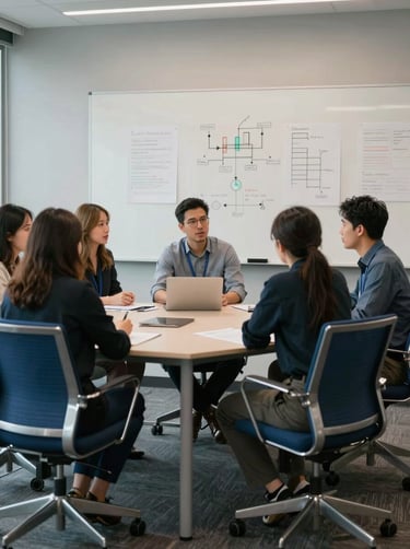 A photograph of a collaborative design meeting in a North American / US tech firm, with cloud white boards and steel blue office chairs.