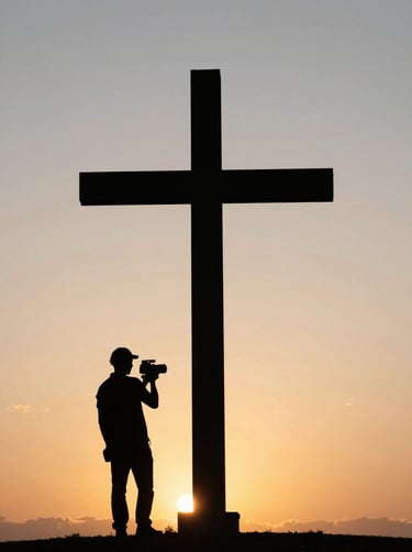 A silhouette of a filmmaker against a golden hour sky, capturing a sunrise over a cross, high contrast with #1A2F3C shadows and #F5F2EC sky.