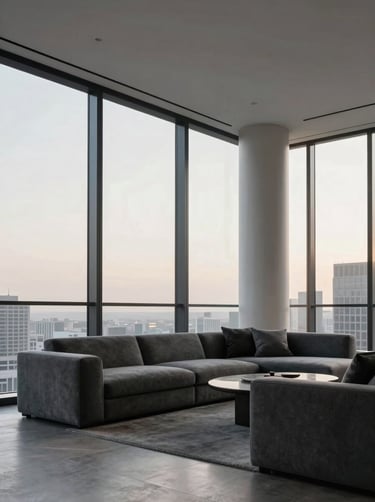 Wide-angle cinematic shot of a luxury penthouse interior in a North American / US city, floor-to-ceiling windows showing a soft alabaster white morning sky, minimalist charcoal gray furniture, high-end architectural photography.