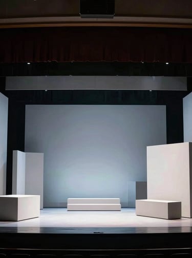A wide photography shot of a modern opera stage in the United States, featuring minimalist white and gray geometric set pieces under soft, cool cinematic lighting.