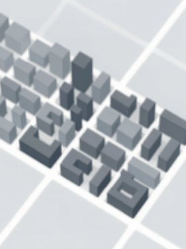 A minimalist architectural site plan showing clean geometry and urban density, rendered in shades of #262F38 and #6E8898 on a #CDDDE0 background.