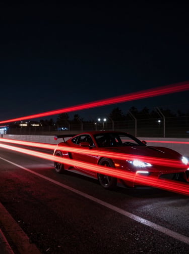 Abstract motorsport photography, light trails of cars at night on a North American / US street circuit, long exposure, sophisticated neon red and deep black colors.