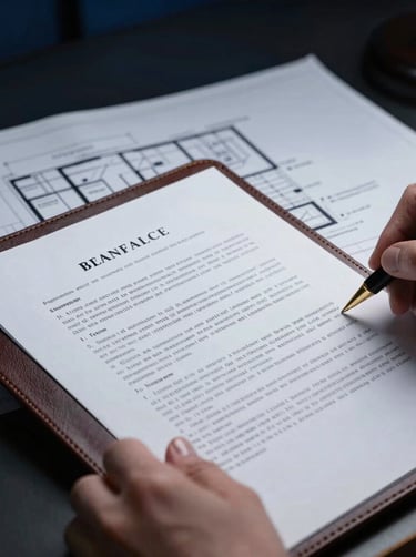Macro close-up of hands reviewing a leather-bound legal document containing property bylaws, architectural blueprints visible in the soft background, dramatic low-key boardroom lighting.