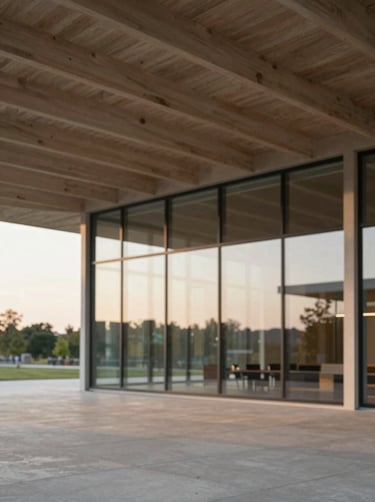 Wide-angle shot of a cultural pavilion with a geometric timber roof, soft afternoon light reflecting off large glass panels, incorporating the brand's #D9D2C7 beige and #6B6760 muted tones, professional architectural photography.