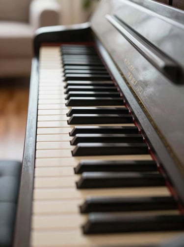 A close-up shot of ivory and black piano keys in a sun-drenched North American living room, focusing on the elegant texture and clean lines.