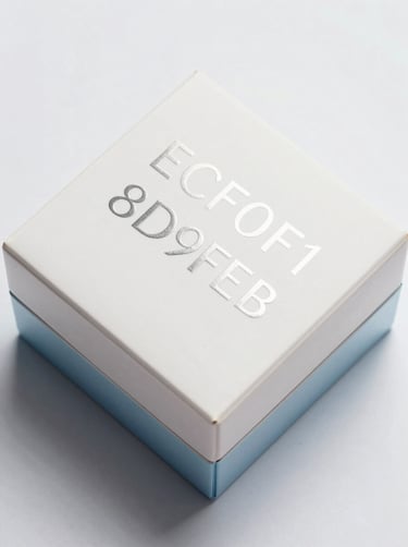 A minimalist cosmetic box with embossed silver foil typography on a matte white surface, studio lighting, top-down view, incorporating #ECF0F1 and #8D9FB5 tones.