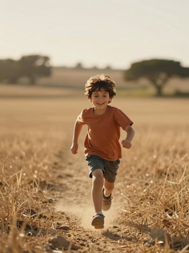 Cinematic outdoor photography of a child running through a sun-drenched field in the Portuguese countryside, soft focus background, warm golden lighting, sand and terracotta tones.