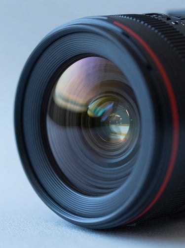 An ultra-sharp 4K macro shot of a sleek camera lens reflecting a futuristic neon light setup. Cutting-edge, sophisticated cinematic mood. Incorporating #1B263B, #415A77, #A0B0C0, #E0E1DD.