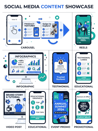 Infographic showing social media content types like carousels, reels, and testimonials for marketing.