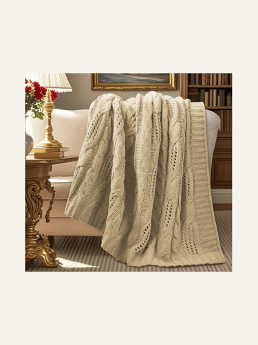 picture of beige Chunky Knit Chenille Throw Blanket over the side of a couch