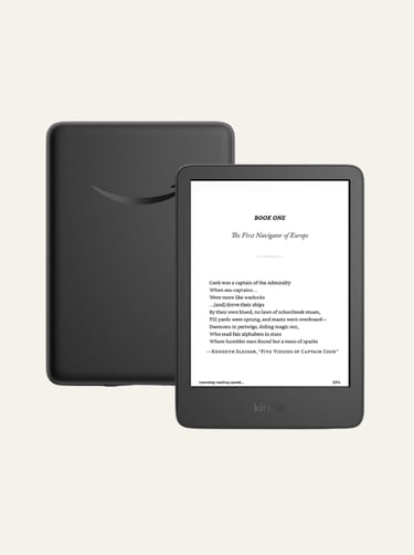 Black Amazon Kindle Paperwhite e-reader displaying a book page with poetry on a paper-like screen.