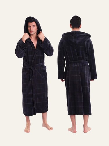 KEMUSI Hooded Herringbone Men's Soft Spa Full Length Bathrobe Grey Lines 