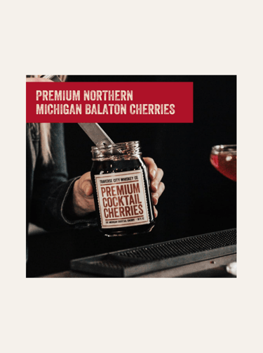 picture of a jar with a label of Travese City Whiskey Co Premium Cocktail Cherries