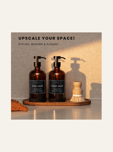 picture of an amber colored Glass Hand Soap Dispenser set of two on a counter