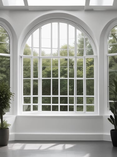 A wooden framed window with a metal grid installed over it. The window panes are reflective, displaying a faint reflection of a building structure and some foliage. The frame is set in a pale-colored wall, and there is a portion of a cream railing visible at the bottom.