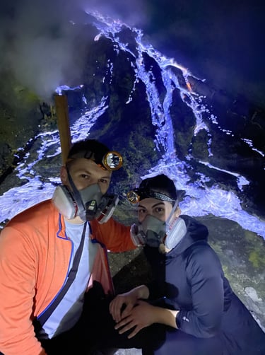 Photo couple at Blue Fire Lava of Mt. Ijen Crater East Java Indonesia