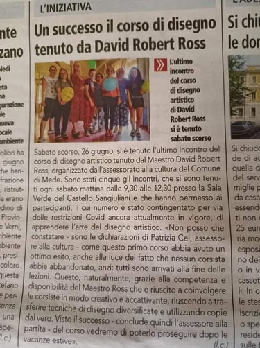 Italian newspaper article about Davide Robert Ross featuring a group photo of students.