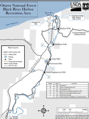 Visual map showing hiking trails and multiple waterfalls throughout the Black River Recreation Area