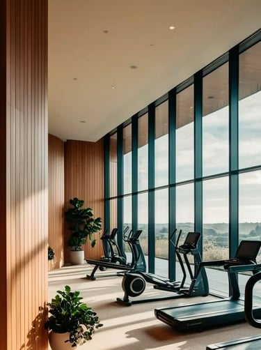 a luxury hotel gym with cardi equipment and views of a garden