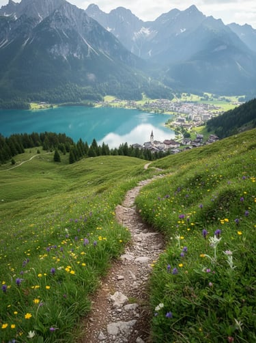 A narrow dirt hiking path winding through green wildflower meadows leading down to a turquoise lake 