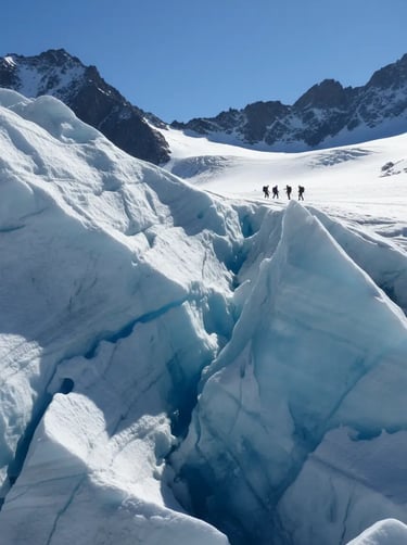 Mountaineers trekking across deep blue crevasses on a massive alpine glacier under a clear sky.