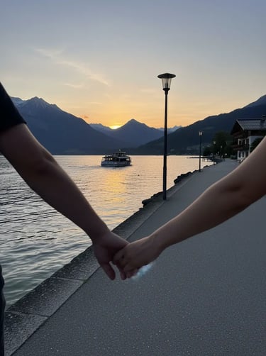 Close-up of a couple holding hands while walking along a lakeside promenade during a golden sunset w