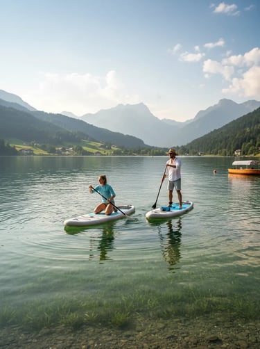 A couple paddleboarding on a calm turquoise lake surrounded by lush green mountains in Zell am See, 