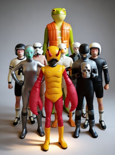 A collection of surreal designer art toys including a lobster man, frog, and futuristic space figures.